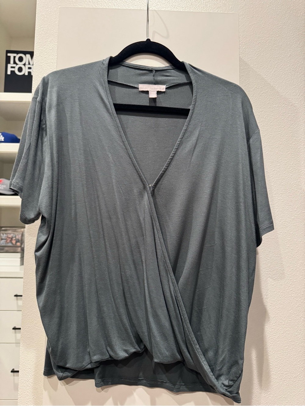 Chelsea28 Slate Gray Draped V-Neck Short Sleeve Top